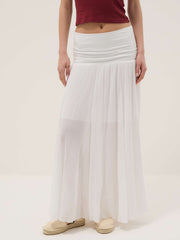 OVS Long White Pure Cotton Skirt With Elasticated Waist And Sheer Detailing