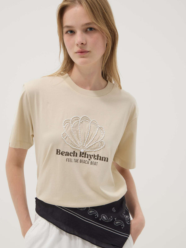 OVS Beige Short-Sleeved Pure Cotton T-Shirt With Embroidery