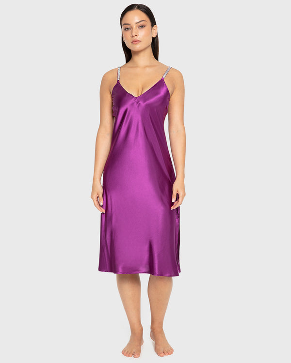 Slip Mid Length Satin W Rhinestone Tape Straps Sparkling Grape / M