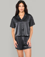 LA SENZA SLEEP BLACK SATIN TOP & SHORT SET WITH PIPING BLACK / S