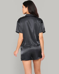 LA SENZA SLEEP BLACK SATIN TOP & SHORT SET WITH PIPING BLACK / S