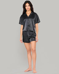 LA SENZA SLEEP BLACK SATIN TOP & SHORT SET WITH PIPING BLACK / S