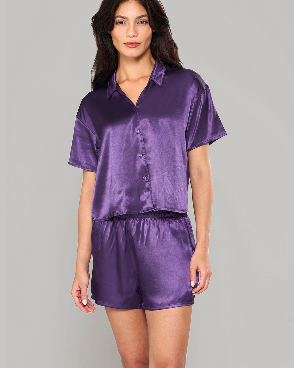 LA SENZA SLEEP PURPLE SATIN TOP & SHORT SET WITH PIPING PURPLE / S