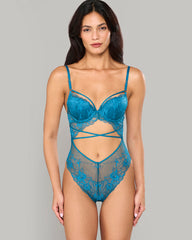 LA SENZA PARISIAN LACE BODYSUIT WITH STRAPPY CUTOUTS TEAL / S