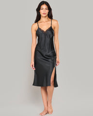 LA SENZA MID-LENGTH SATIN SLIP WITH LACE TRIM BLACK / S