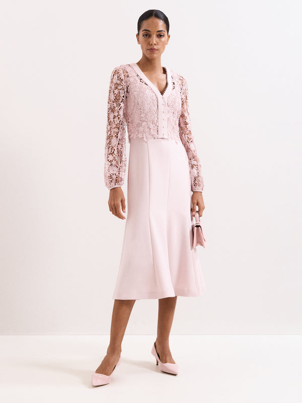Phase Eight Ayumi Pink Lace Top Midi Dress