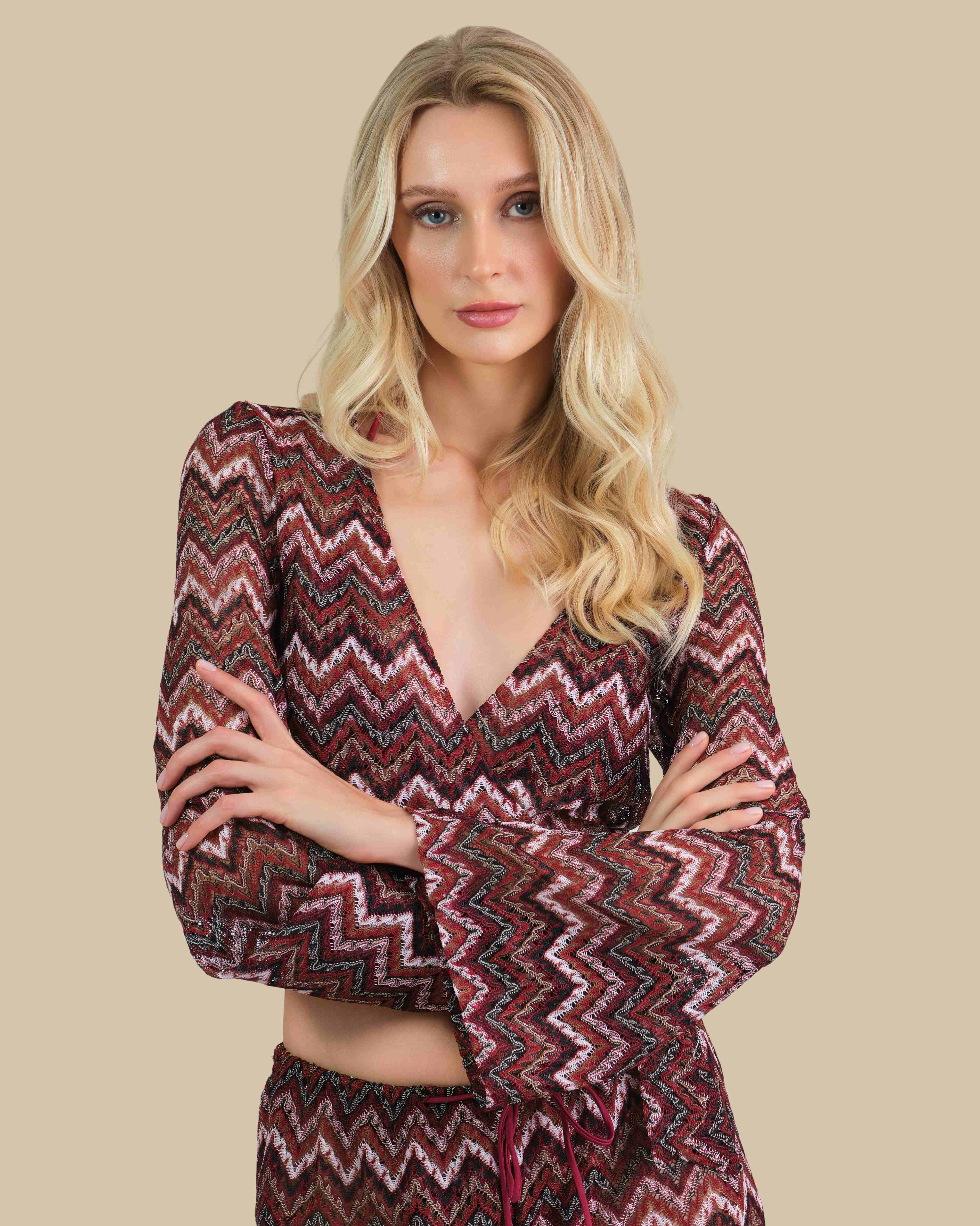 Isla & Evie Zig Zag Print Wrap Crop Top Isla & Evie Zig Zag Print Wrap Crop Top