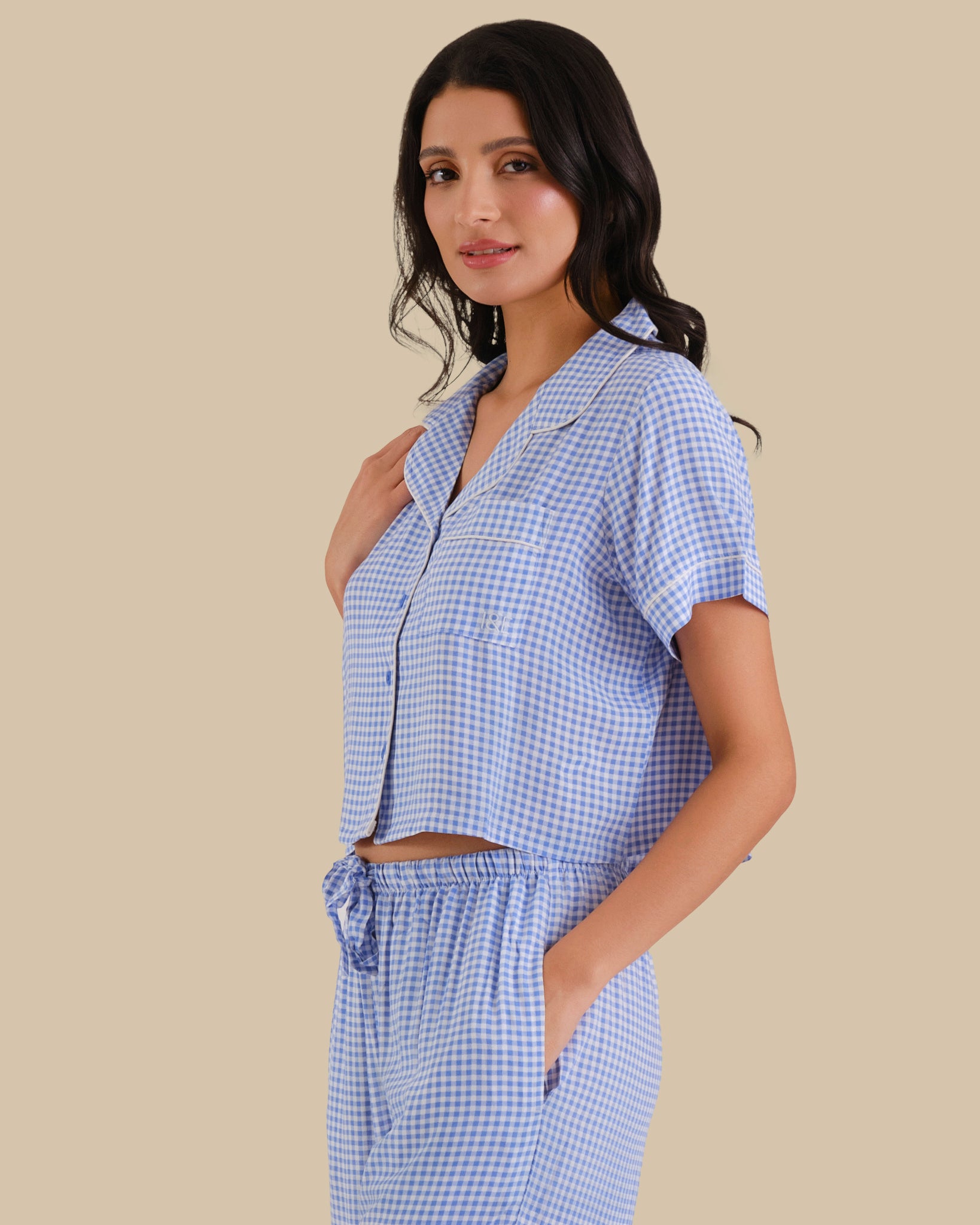 WOMEN'S SHORT SLEEVE PAJAMA SET BLUE CHECK-LSI / S