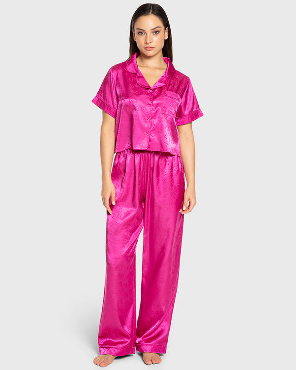 Isla & Evie Dark Pink Heart Satin Pajama Set Dark Pink Heart / S
