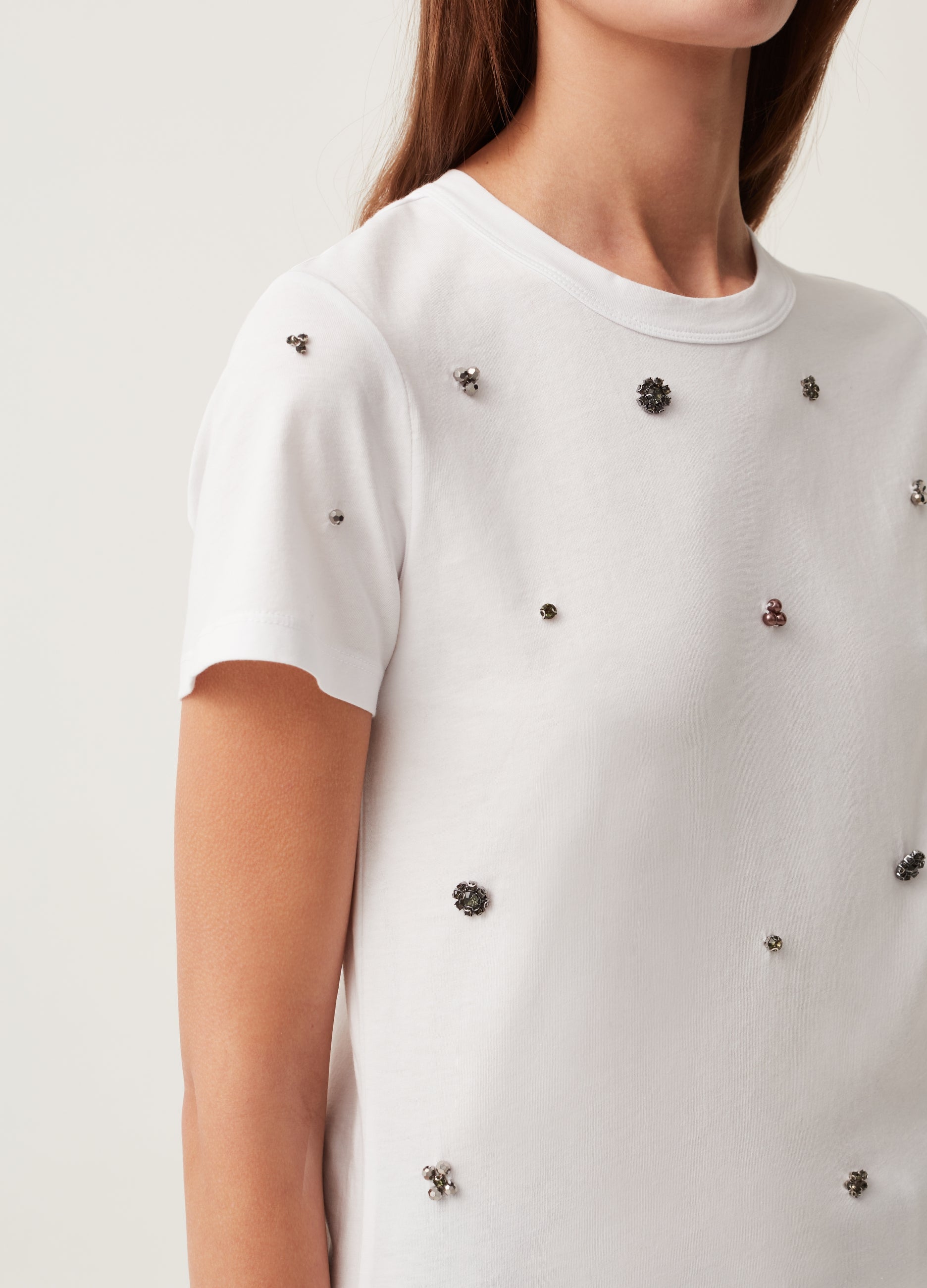 Ovs Cotton T-Shirt With Diamanté Motifs Ovs Cotton T-Shirt With Diamanté Motifs