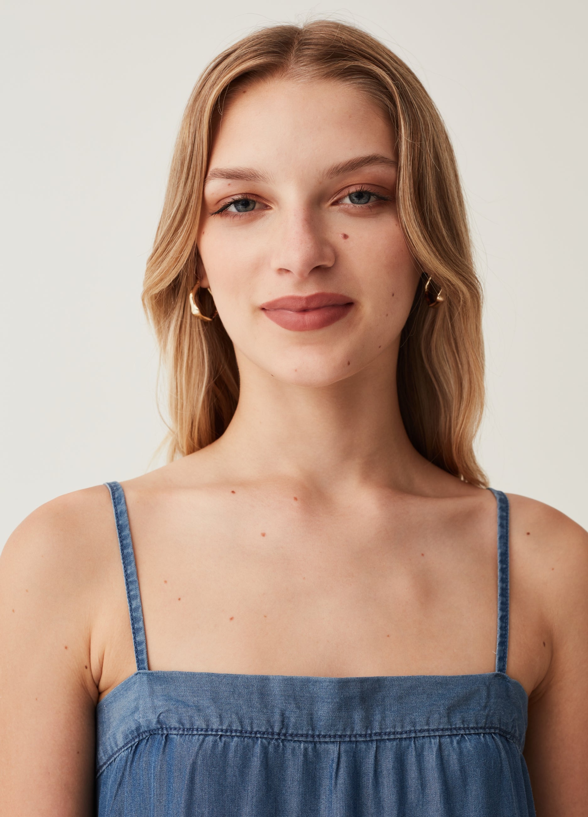 Ovs Long Tiered Dress With Denim Effect Ovs Long Tiered Dress With Denim Effect