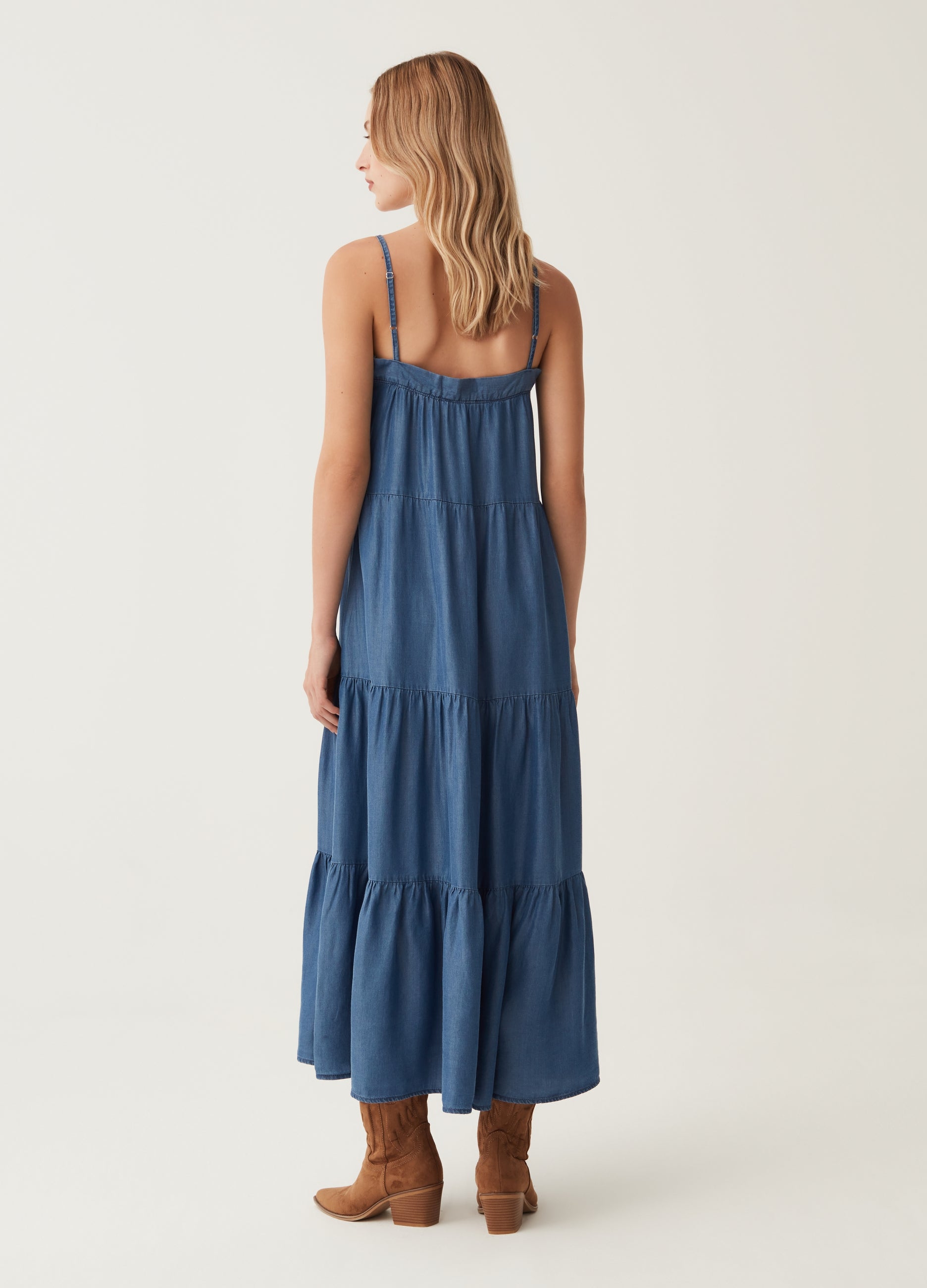 Ovs Long Tiered Dress With Denim Effect Ovs Long Tiered Dress With Denim Effect