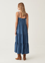 Ovs Long Tiered Dress With Denim Effect