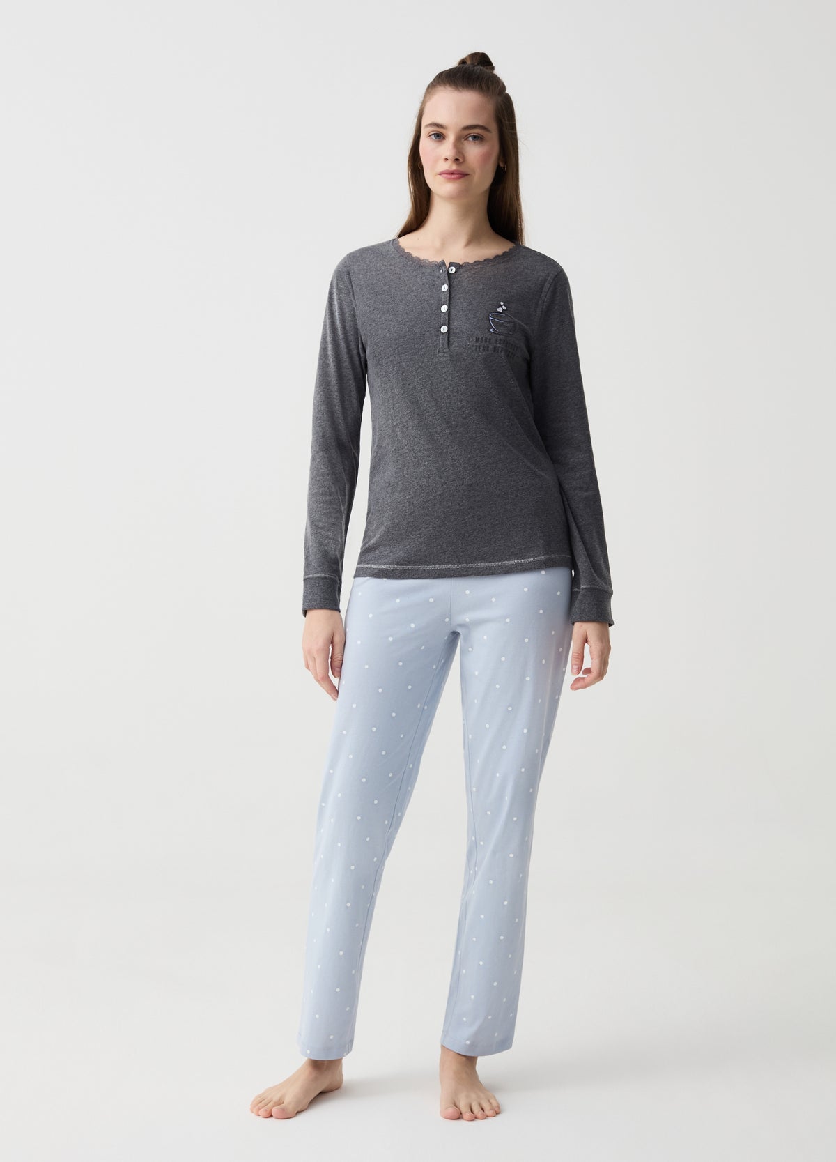 Ovs Pyjamas With Coffee Print And Granddad Neckline