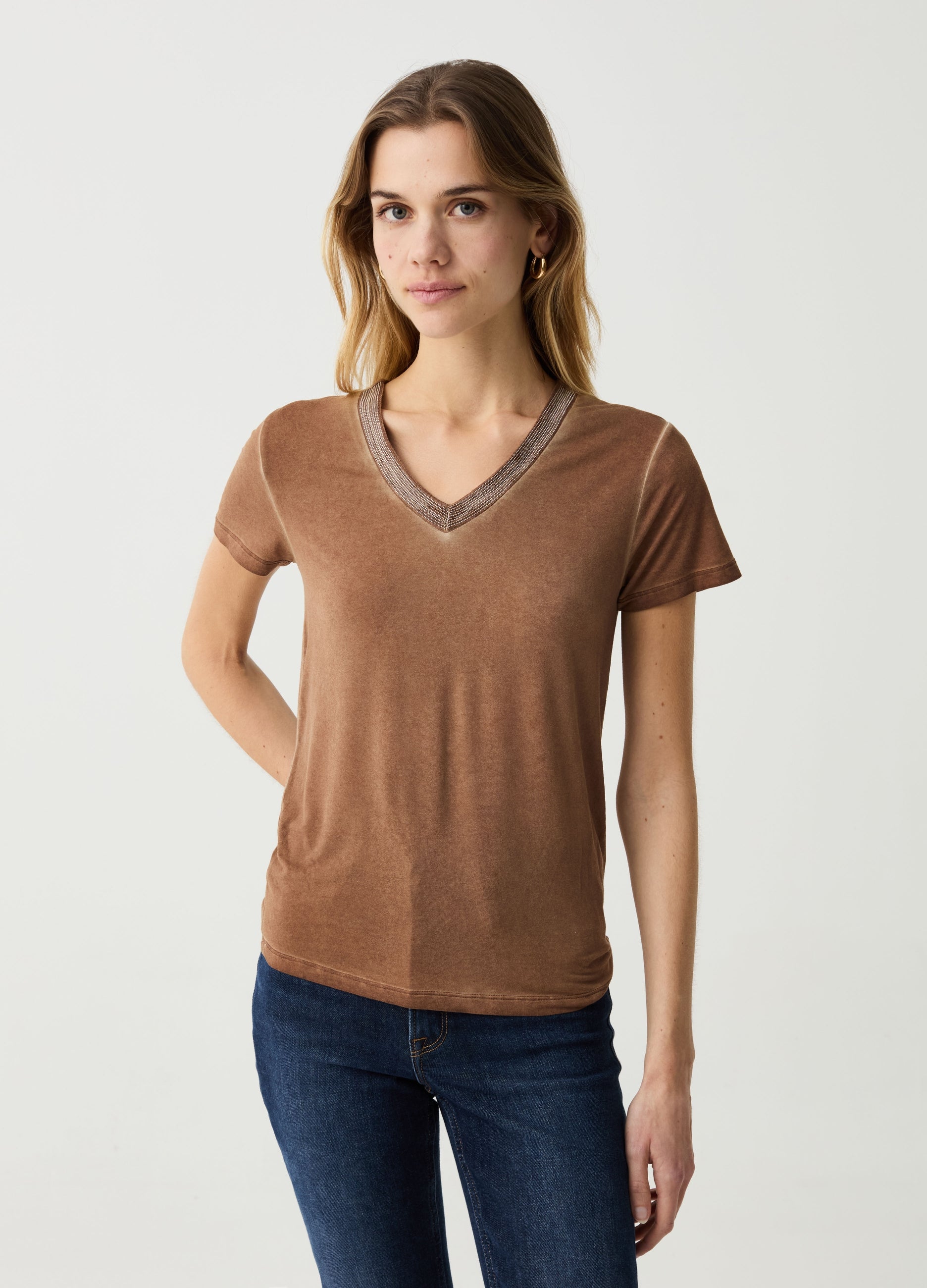 Ovs Faded-Effect Shirt With V Neck Ovs Faded-Effect Shirt With V Neck