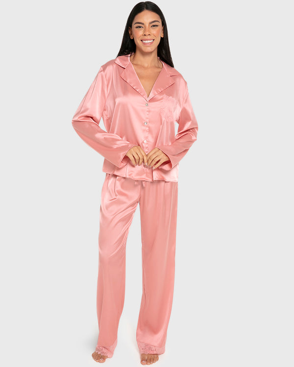 Isla & Evie Satin Two-Piece Long Pajama Set Vintage Rose / S