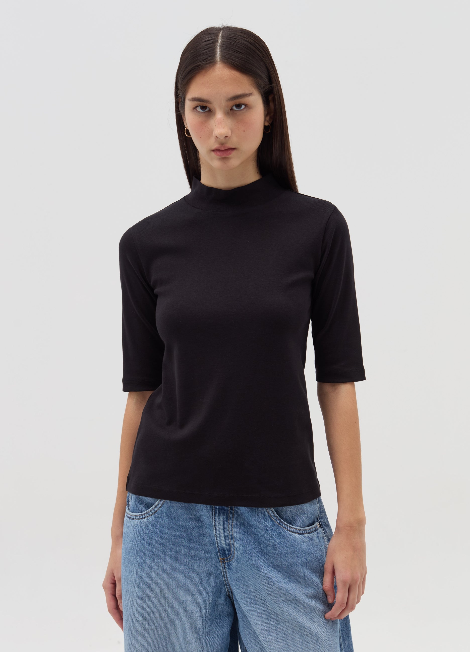 Ovs T-Shirt With Mock Neck And Elbow-Length Sleeves Ovs T-Shirt With Mock Neck And Elbow-Length Sleeves
