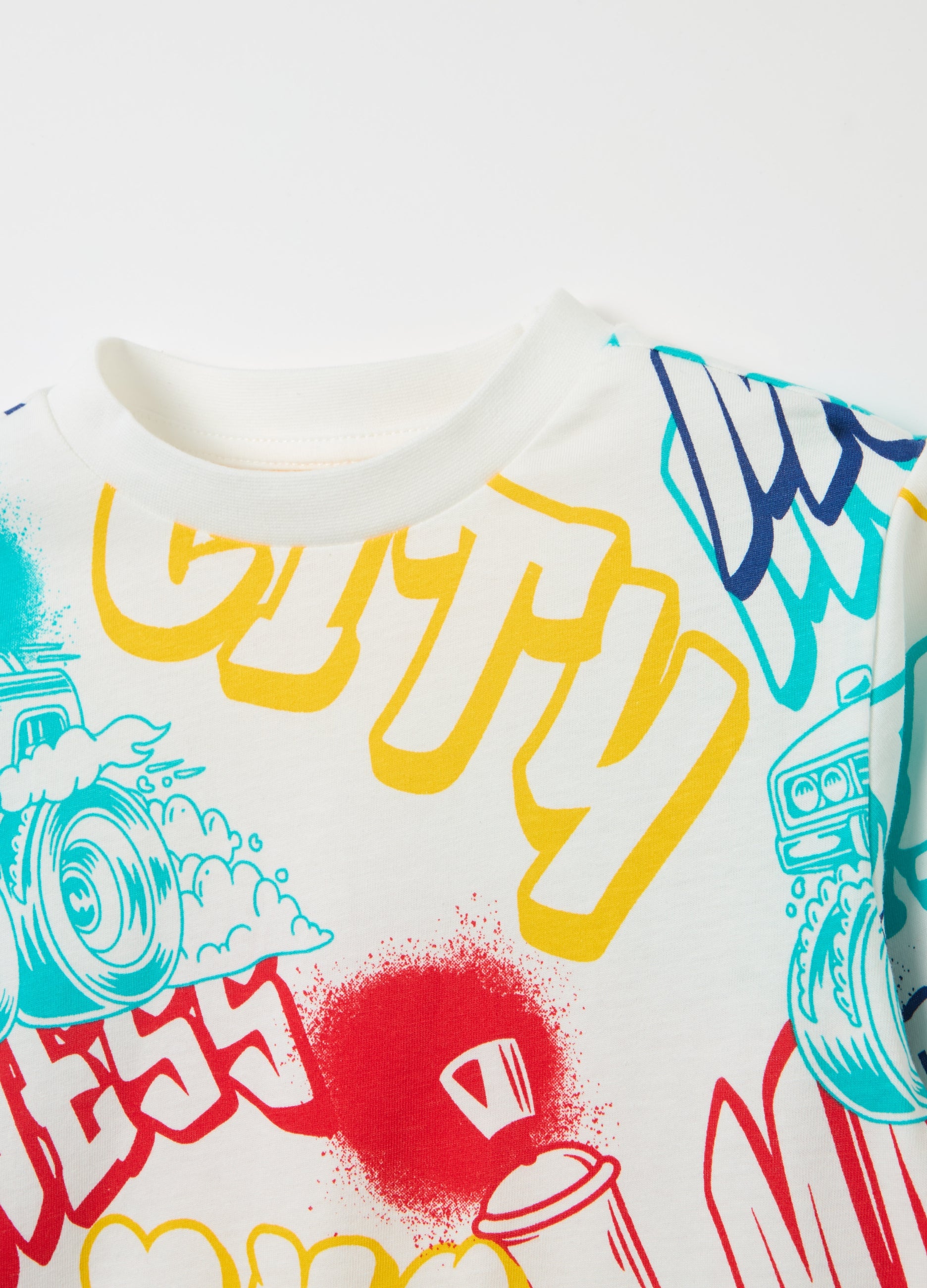Ovs Cotton T-Shirt With Print And Long Sleeves Ovs Cotton T-Shirt With Print And Long Sleeves