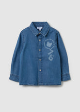 Ovs Shirt In Denim With Tiger And Lettering Print