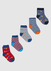 Ovs Five-Pair Pack Short Socks With Stripes And Race Car