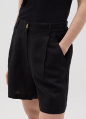 Ovs Women'S Black Regular-Fit Shorts In Linen And Viscose Blend