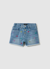 Ovs Light Blue Denim Shorts With Floral Embroidery