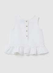 Ovs White Cotton And Linen Baby Top, Regular Fit With Ruffles
