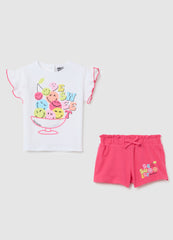 Ovs Girls' White And Pink Cotton Outfit, Regular Fit With Print
