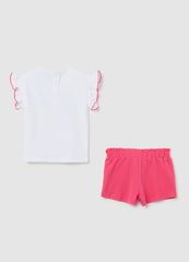 Ovs Girls' White And Pink Cotton Outfit, Regular Fit With Print