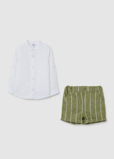 Ovs Children'S Set In White And Green Regular Fit Linen And Cotton Blend With Striped Shorts
