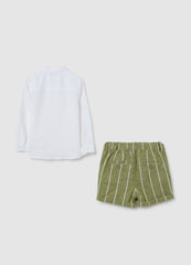 Ovs Children'S Set In White And Green Regular Fit Linen And Cotton Blend With Striped Shorts