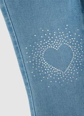OVS Girls' Blue Denim Flare Jeans With Rhinestone Hearts