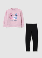 OVS Pink Cotton Girl'S Outfit With Black Stitch Print Leggings