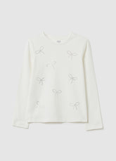 OVS Girls' White Cotton Regular Fit Top With Strass Bows