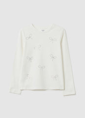 OVS Girls' White Cotton Regular Fit Top With Strass Bows