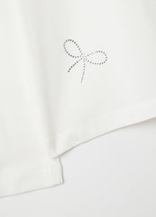OVS Girls' White Cotton Regular Fit Top With Strass Bows