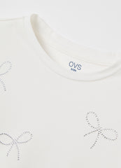 OVS Girls' White Cotton Regular Fit Top With Strass Bows