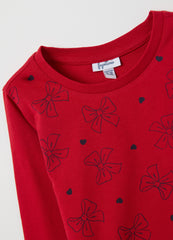 OVS Regular Fit Pure Cotton Red Baby Girl Top With Embroidered Bows
