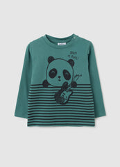 OVS Green Pure Cotton Striped T-Shirt For Child, Regular Fit