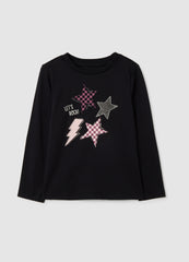 OVS Girl'S Pure Black Cotton Regular Fit T-Shirt With Stars
