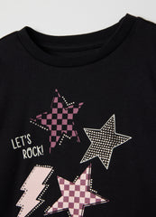 OVS Girl'S Pure Black Cotton Regular Fit T-Shirt With Stars