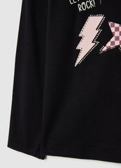 OVS Girl'S Pure Black Cotton Regular Fit T-Shirt With Stars