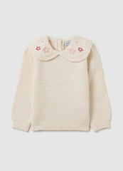 OVS Beige Regular Fit Girls' Sweater With Embroidered Collar