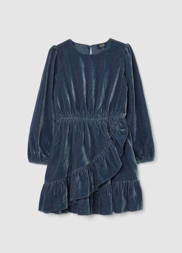 OVS Blue Velour Girl'S Dress Regular Fit With Ruffles