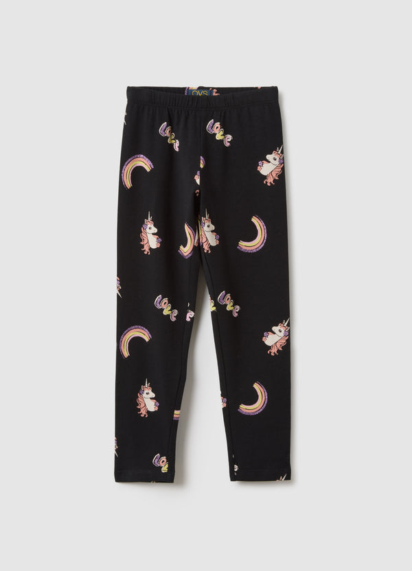 OVS Girls' Black Stretch Cotton Skinny Fit Leggings With Prints