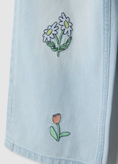 OVS Girl'S Light Blue Pure Cotton Flare Jeans With Floral Embroidery