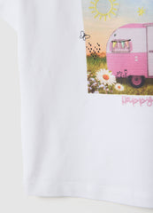 OVS White Stretch Cotton Girl'S T-Shirt, Regular Fit With Print