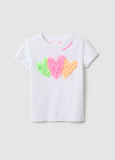Ovs Girls' White Stretch Cotton Regular Fit T-Shirt With Hearts