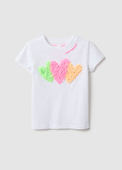 Ovs Girls' White Stretch Cotton Regular Fit T-Shirt With Hearts