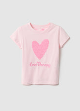 Ovs Pink Stretch Cotton T-Shirt Regular Fit With Heart For Girls